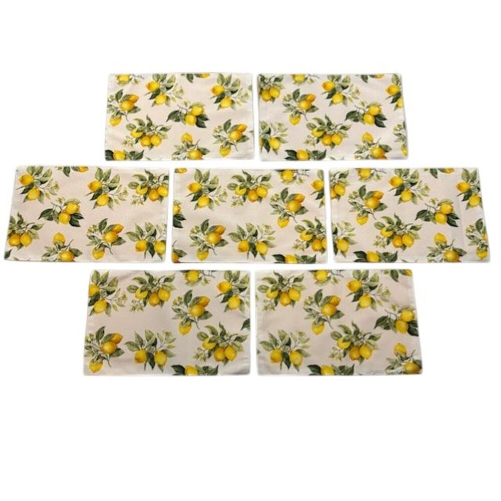 Set of 7 Lemon Print Fabric Placemats 12x18 Home Collection Yellow Citrus New